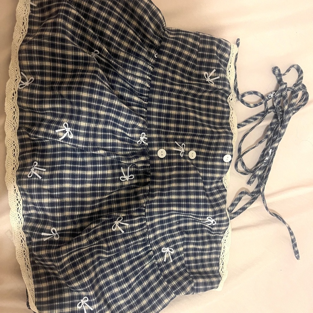 Blue Plaid Shirt with Lace Trim